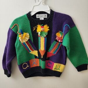 Accento Peru Cotton Vintage Child's Multicolor Sweater Clowns & Crayons Comfy